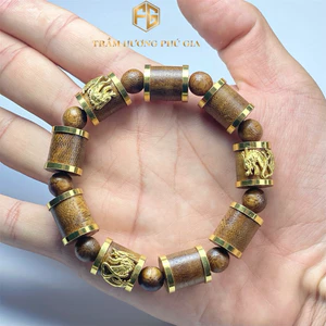 Vòng trầm hương tam Long mạ vàng đeo thời trang phong thuỷ tài lộc