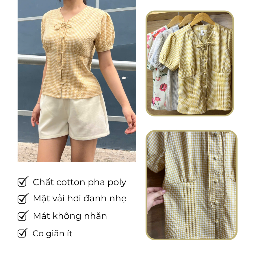 LUMI Áo kiểu nữ thiết kế xếp ly eo tay ngắn bồng chất cotton voan chéo phong cách Hàn Quốc trẻ trung