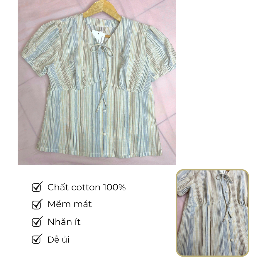 LUMI Áo kiểu nữ thiết kế xếp ly eo tay ngắn bồng chất cotton voan chéo phong cách Hàn Quốc trẻ trung