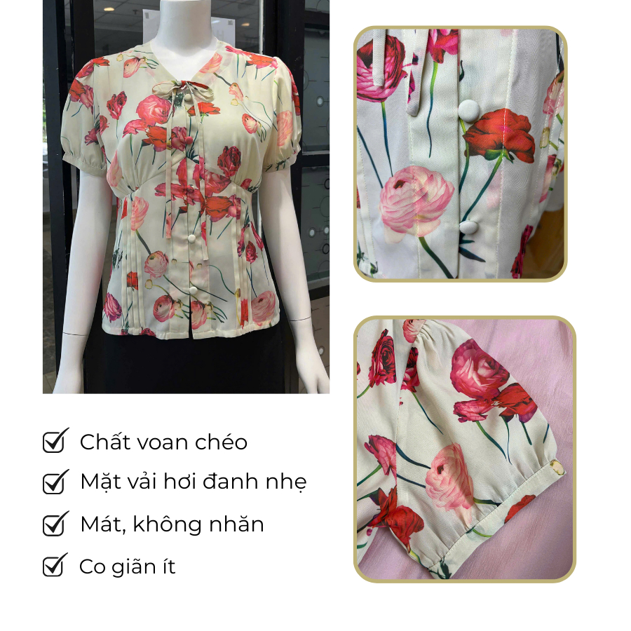 LUMI Áo kiểu nữ thiết kế xếp ly eo tay ngắn bồng chất cotton voan chéo phong cách Hàn Quốc trẻ trung