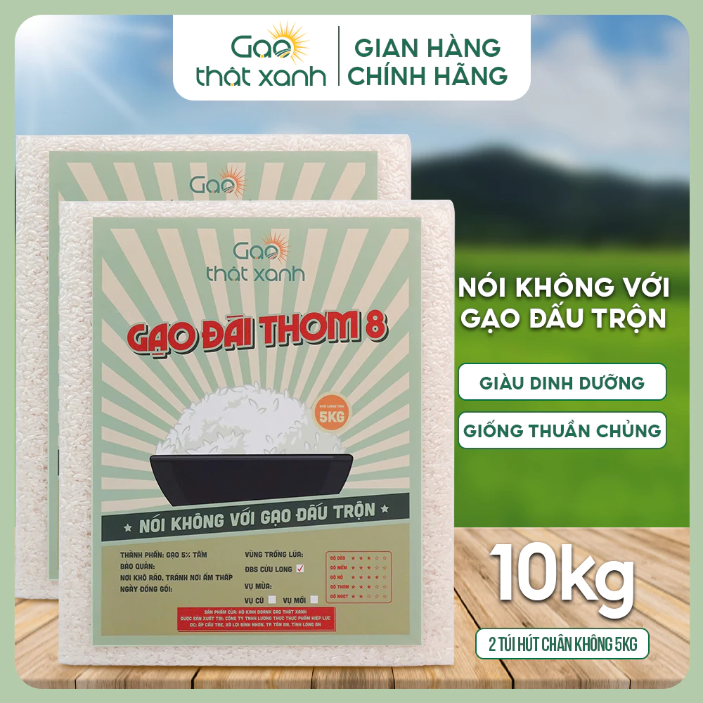 10kg Gạo Đài Thơm 8 Chính Hãng – Cơm Thơm Nhẹ, Mềm Tơi, Xốp Ráo – Ngon Chuẩn Cơm Nhà, Gạo Ngon Cho Gia Đình
