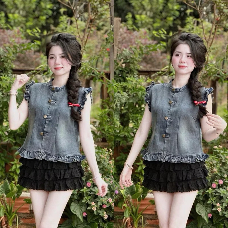 L573- Sét bộ jeans tay bèo sát nách phong cách tiểu thư, áo bò cúc đồng chất bò giấy mềm mịn + chân váy tầng (38-55kg)