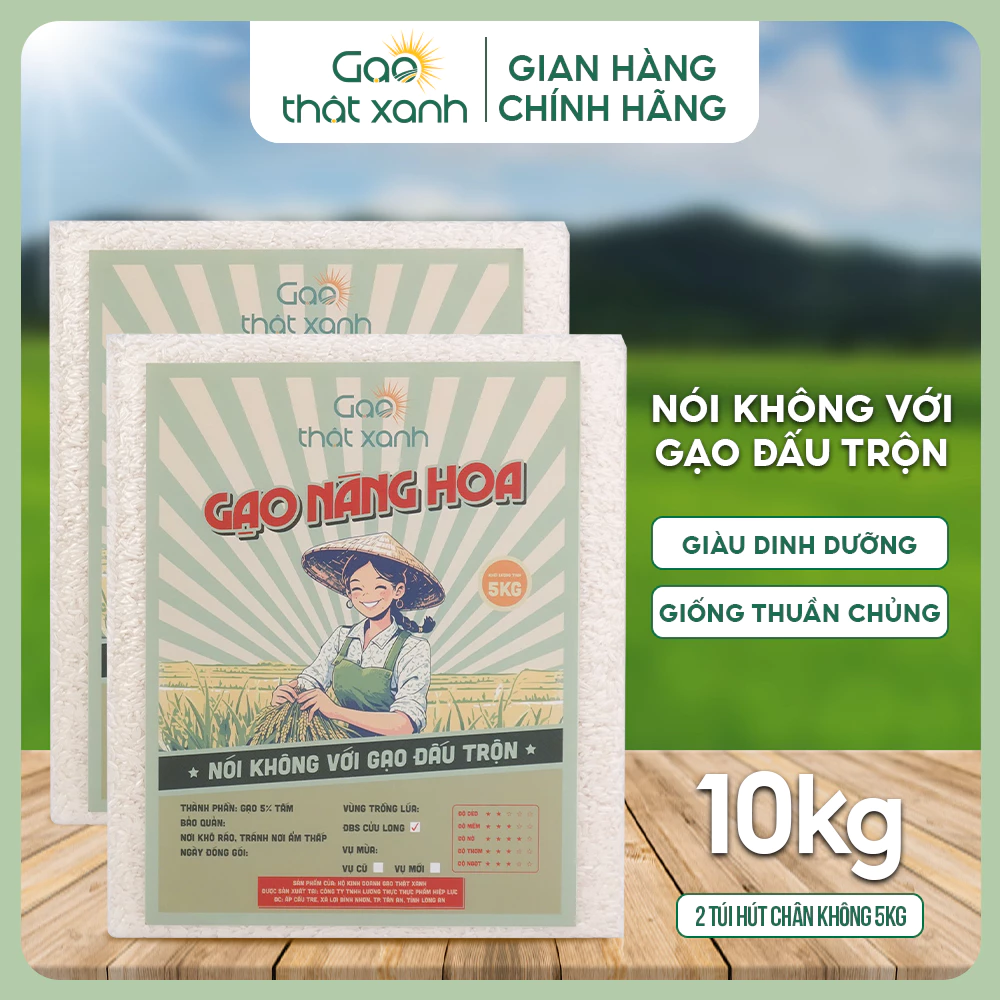 10kg Gạo Nàng Hoa – Dẻo Vừa, Mềm Cơm, Xốp Nhẹ, Thơm Cơm, Ngọt Nhẹ. Gạo Nàng Hoa Chính Hãng Của Gạo Thật Xanh