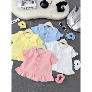 Áo sơ mi Trơn cộc tay viền ren gắn nơ cho bé gái - Tặng scrunchies