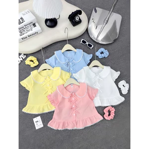 Áo sơ mi Trơn cộc tay viền ren gắn nơ cho bé gái - Tặng scrunchies
