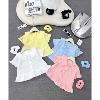 Áo sơ mi Trơn cộc tay viền ren gắn nơ cho bé gái - Tặng scrunchies