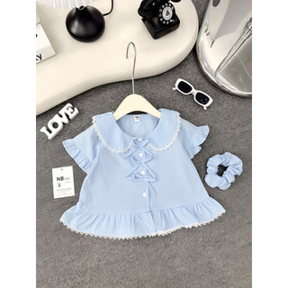Áo sơ mi Trơn cộc tay viền ren gắn nơ cho bé gái - Tặng scrunchies