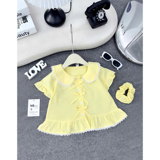 Áo sơ mi Trơn cộc tay viền ren gắn nơ cho bé gái - Tặng scrunchies