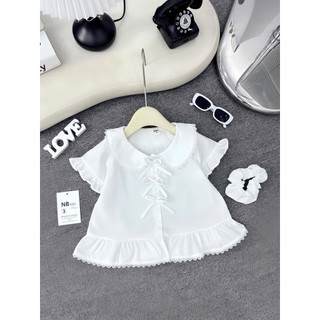 Áo sơ mi Trơn cộc tay viền ren gắn nơ cho bé gái - Tặng scrunchies