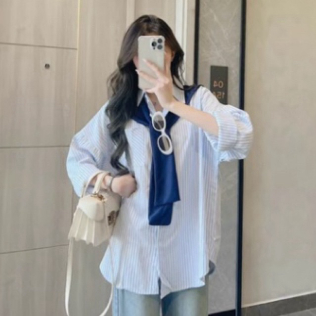 Áo sơ mi nữ kẻ sọc kèm vạt rời dáng rộng hottrend By.Thanhhuyenclothings