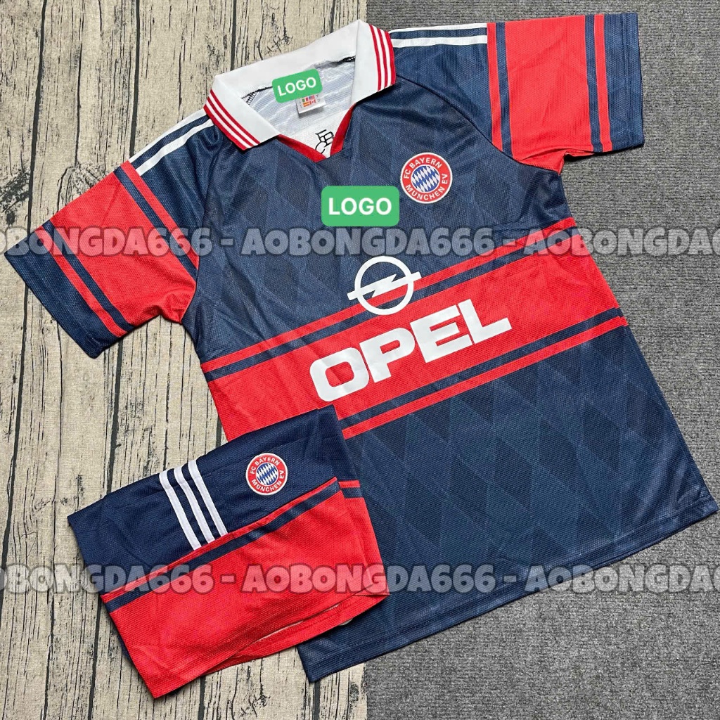 (FREE SHIP) Bộ quần áo bóng đá FC Bayern Munchen Opel 1997 1999 màu xanh than đỏ - Vải Polyester Thái Gai Lưới