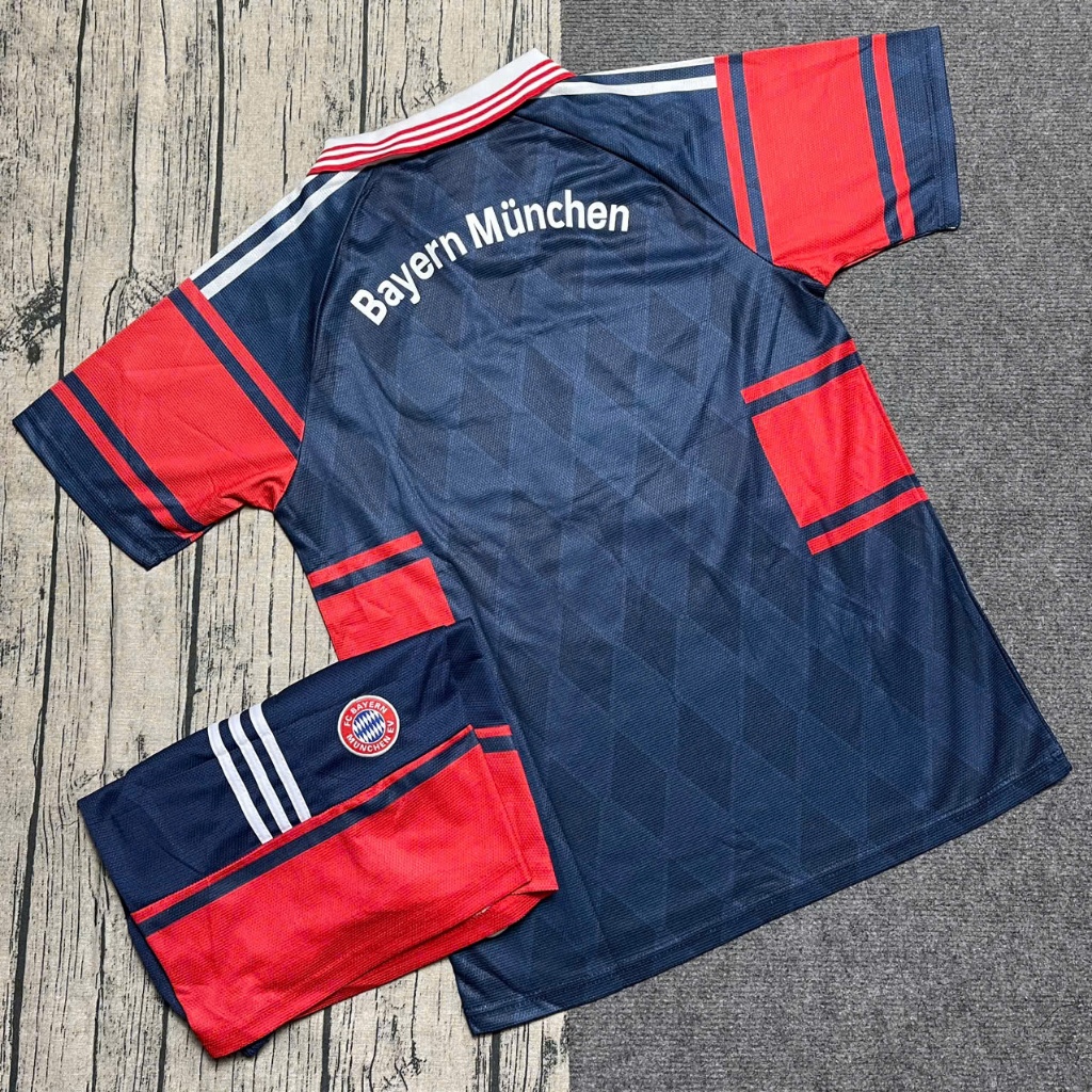 (FREE SHIP) Bộ quần áo bóng đá FC Bayern Munchen Opel 1997 1999 màu xanh than đỏ - Vải Polyester Thái Gai Lưới