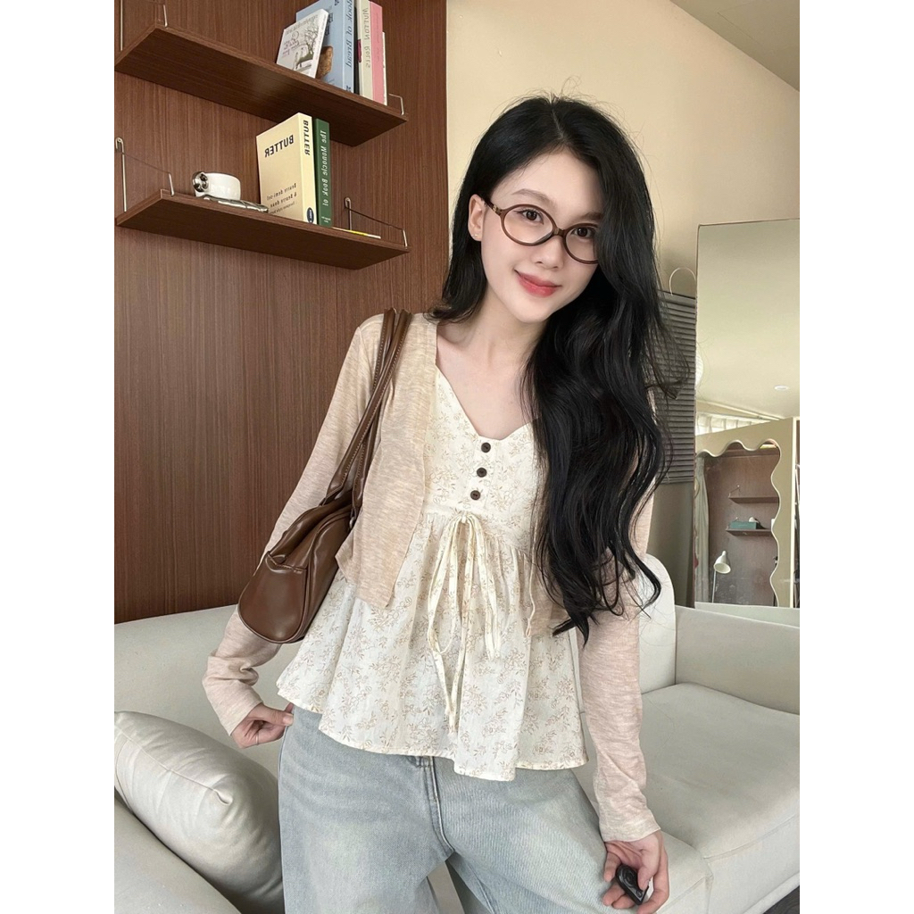 Áo 2 dây cổ V kèm cardigan thun len mỏng Nữ the.sweaterweather TSW