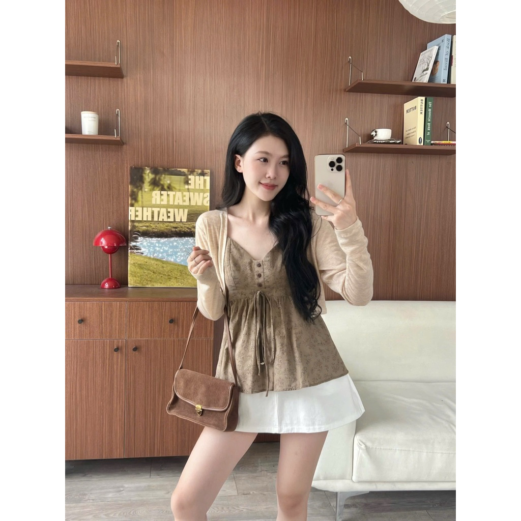 Áo 2 dây cổ V kèm cardigan thun len mỏng Nữ the.sweaterweather TSW