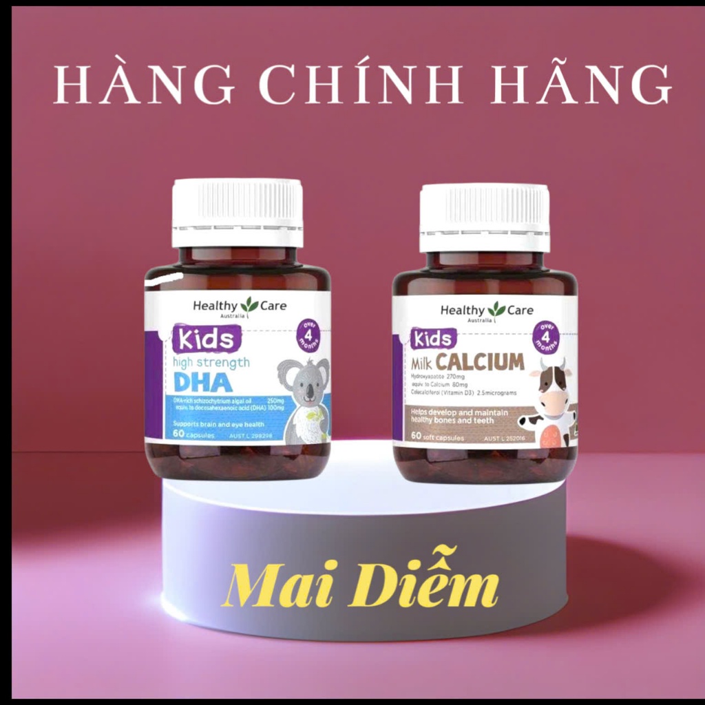 Bộ đôi sản phẩm DHA và canxi dành cho bé 4m+ chính hãng Healthy Care lọ 60 viên