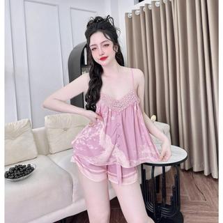 Đồ Bộ Nữ Mặc Nhà, Đồ Ngủ Lụa Latin Cao Cấp MiLi – Áo 2 Dây Nút Bọc Phối Ren – Quần Đùi Thắt Nơ Có Túi, Loang Rừng