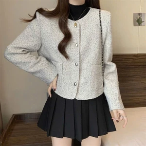 Áo Dạ Tweed mẫu mới màu trắng tiêu kèm túi thu đông cho nữ hàng QCCC-TD146