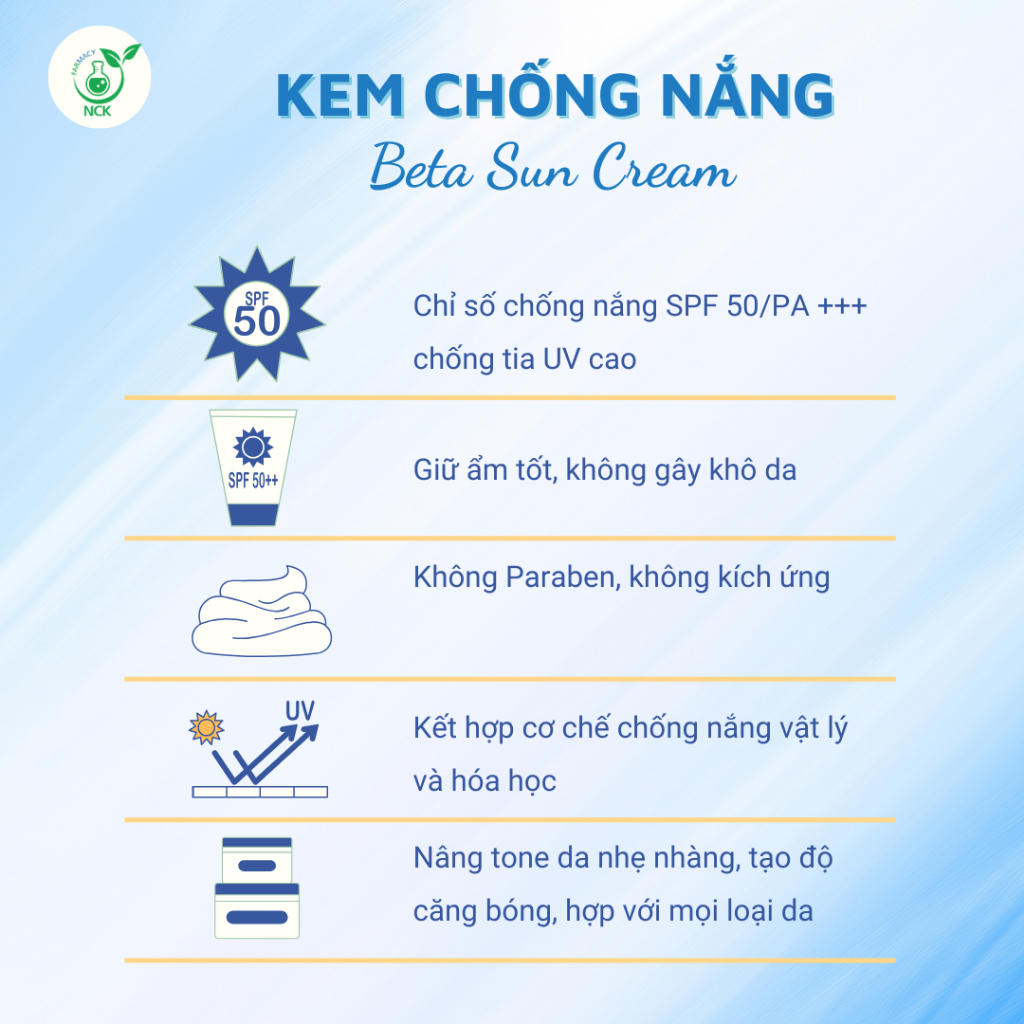 Kem Chống Nắng BETA SUN CREAM SPF 50/PA+++ tạo màng film bảo vệ lâu trôi, nâng tone tự nhiên, dành cho mọi loại da