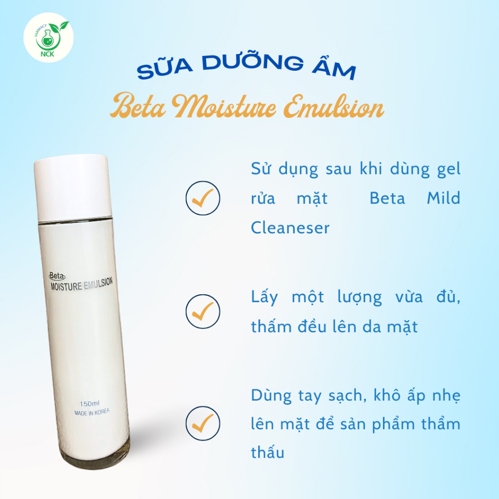 Sữa dưỡng ẩm BETA MOISTURE EMULSION - Phục hồi chuyên sâu, căng bóng trắng da, cho da mụn, nhạy cảm, không gây bít tắc