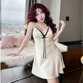 V50 Váy Ngủ Nữ Chất Lụa Latin Họa Tiết Chấm Bi Sang Trọng Kèm Đệm Phương Linh Underwear