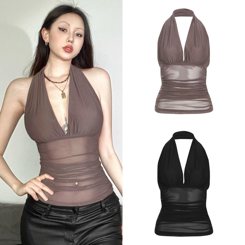 (sẵn) Áo sát nách cổ V khoét sâu dáng ôm body chất voan lưới nâu đen trơn ASN053 - Tiktik