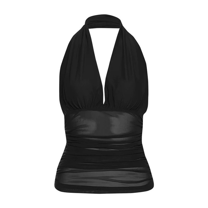 (sẵn) Áo sát nách cổ V khoét sâu dáng ôm body chất voan lưới nâu đen trơn ASN053 - Tiktik