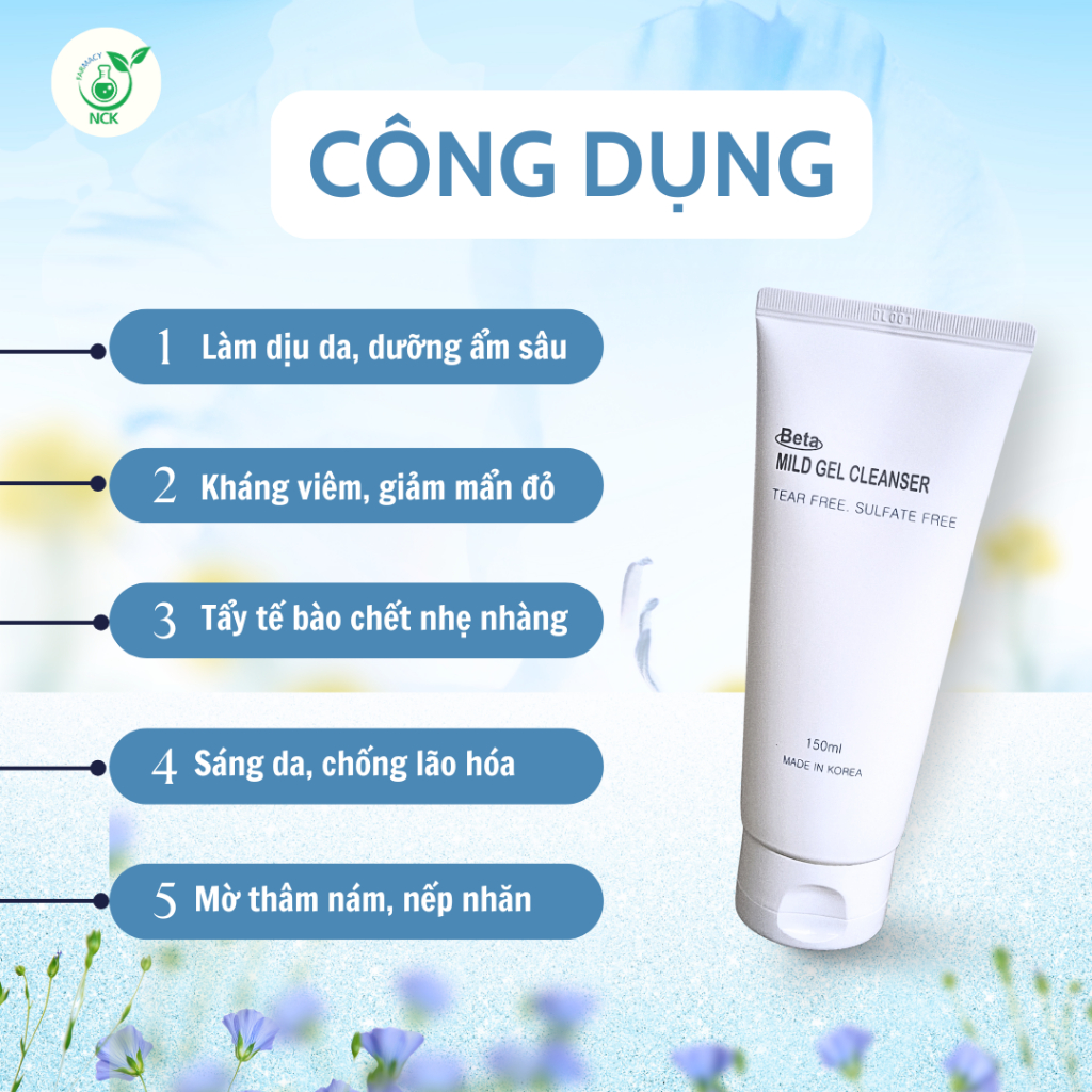 Sữa Rửa Mặt BETA MILD GEL CLEANSER - Gel rửa mặt dịu nhẹ giảm bã nhờn, tẩy tế bào chết, làm sạch sâu