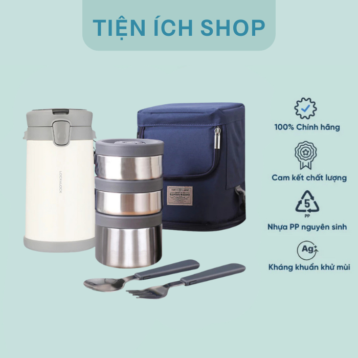 [LHC8039] Bộ hộp cơm giữ nhiệt Lock&Lock EASY CARRY 3 ngăn, kèm túi đeo được và bộ muỗng nĩa tiện dụng