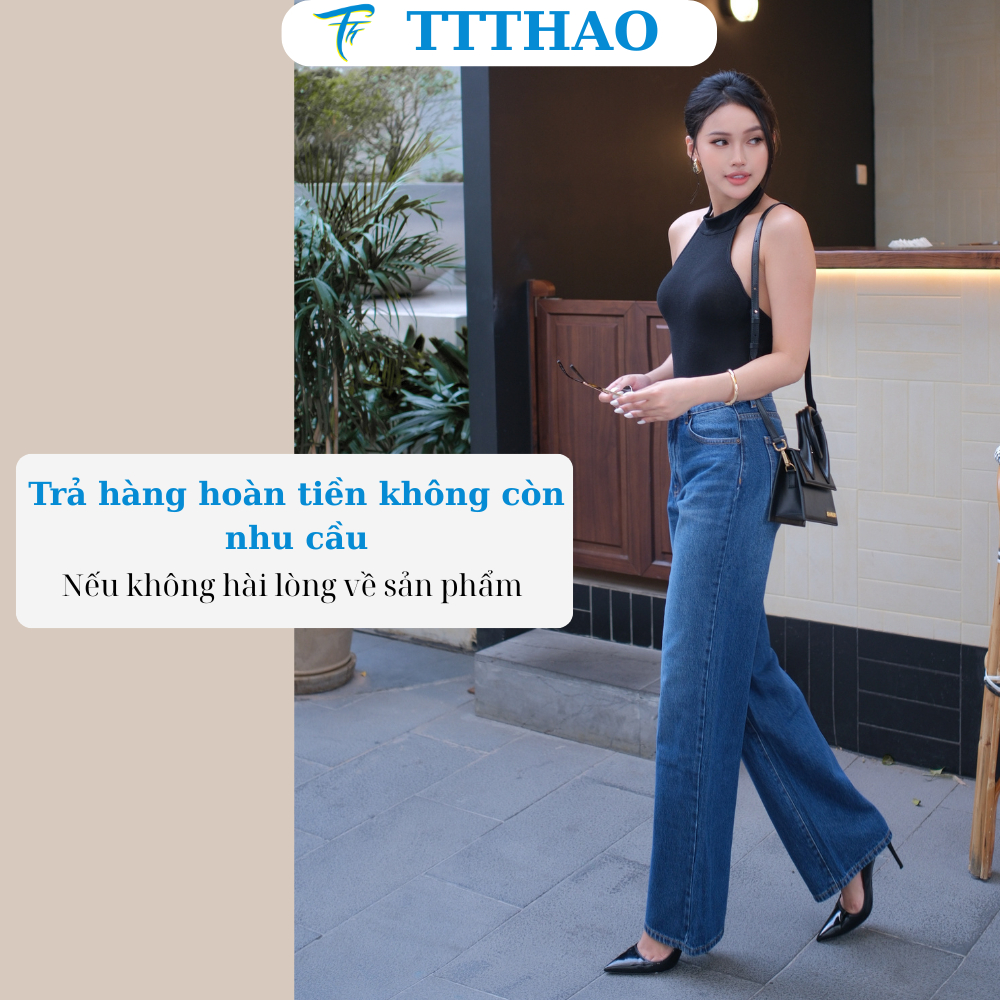 Quần jeans nữ TTTHAO cao cấp ống suông rộng lưng cao 100% jeans cotton không co giãn dài 103cm J18