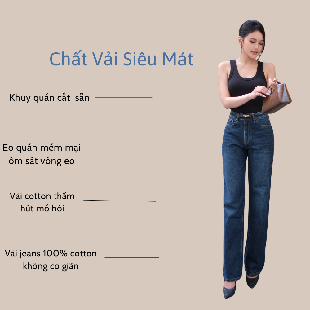 Quần jeans nữ TTTHAO cao cấp ống suông rộng lưng cao 100% jeans cotton không co giãn dài 103cm J18