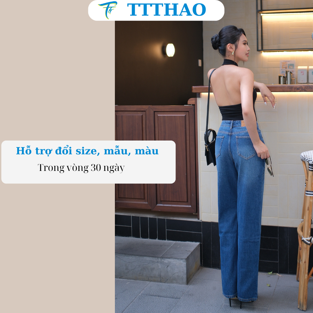 Quần jeans nữ TTTHAO cao cấp ống suông rộng lưng cao 100% jeans cotton không co giãn dài 103cm J18
