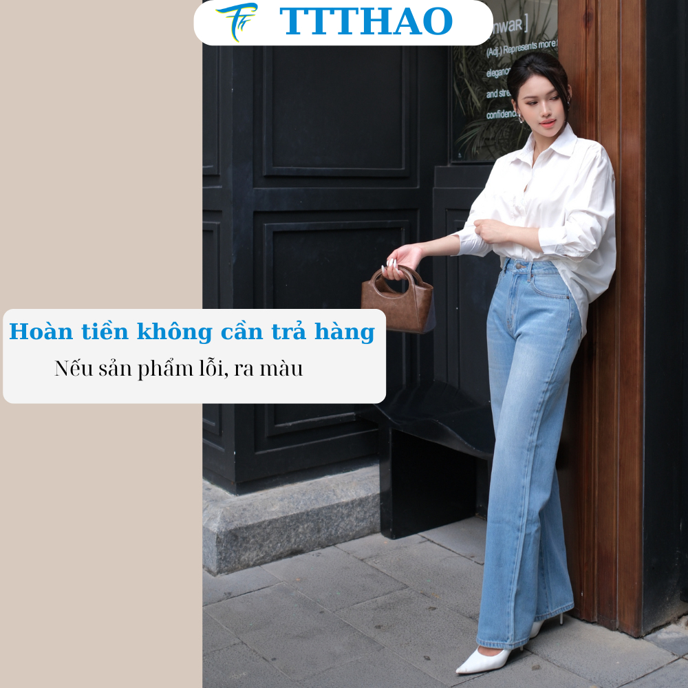 Quần jeans nữ TTTHAO cao cấp ống suông rộng lưng cao 100% jeans cotton không co giãn dài 103cm J18