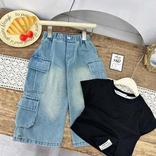 S340- Set áo thun cộc tay phối quần jean túi hộp cho bé gái size từ 8-30Kg