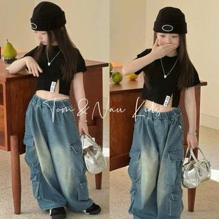S340- Set áo thun cộc tay phối quần jean túi hộp cho bé gái size từ 8-30Kg
