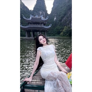 Váy thiết kế cổ tròn mix ren hoa lớn ôm sát body chân đuối cá nhún bèo xoè dài xinh tiểu thư cho nàng - BaoTrang.clothes