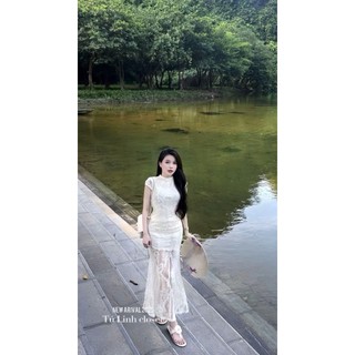Váy thiết kế cổ tròn mix ren hoa lớn ôm sát body chân đuối cá nhún bèo xoè dài xinh tiểu thư cho nàng - BaoTrang.clothes