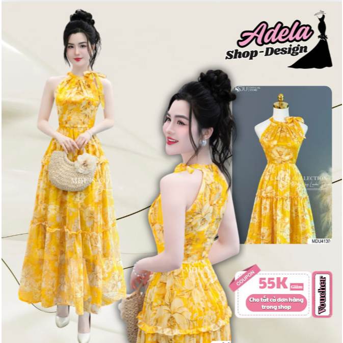 Váy Maxi Đi Biển ADELA DESIGN Chất Liệu Tơ Hàn Kết Hợp Gam Màu Vàng Bắt Mắt MDU4130