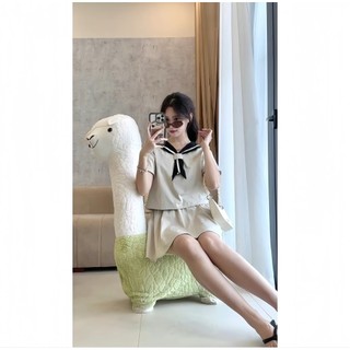 Set áo cổ phối vạt khăn kèm chân váy ngắn kaki mềm cá tính HaChang - S10