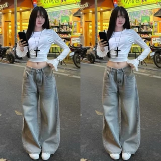 Quần jean bò ống rộng suông xuông nữ jeans cạp cao phong cách style ms08