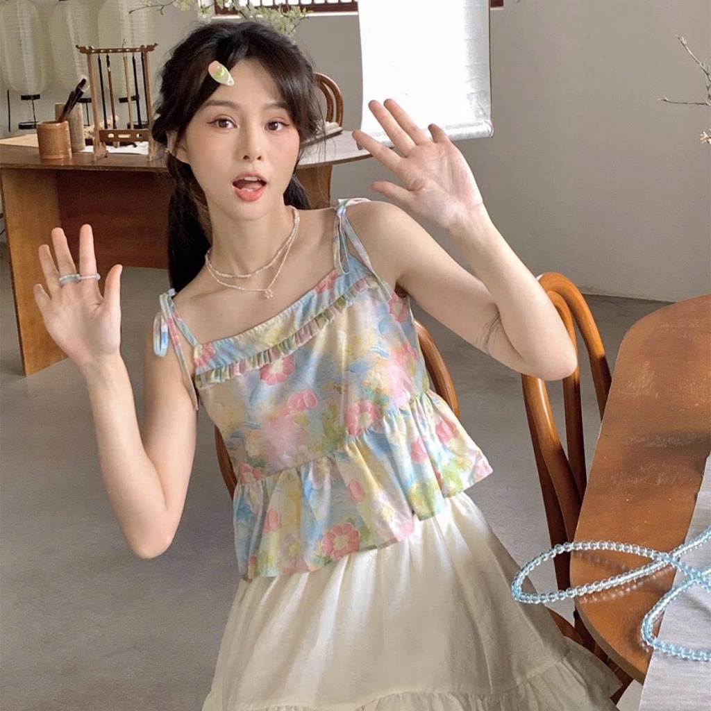 [ Video sp tực tế ]Áo Babydoll Hai Dây Nữ Viền Bèo MCA Hoạ Tiết Hoa Nhí Xinh Xắn A51419