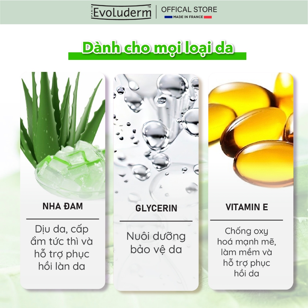 Gel Tắm Dưỡng Da MOISTURIZING* SHOWER GEL ALOE VERA QUENCHES & SOFTENS Evoluderm 500ml