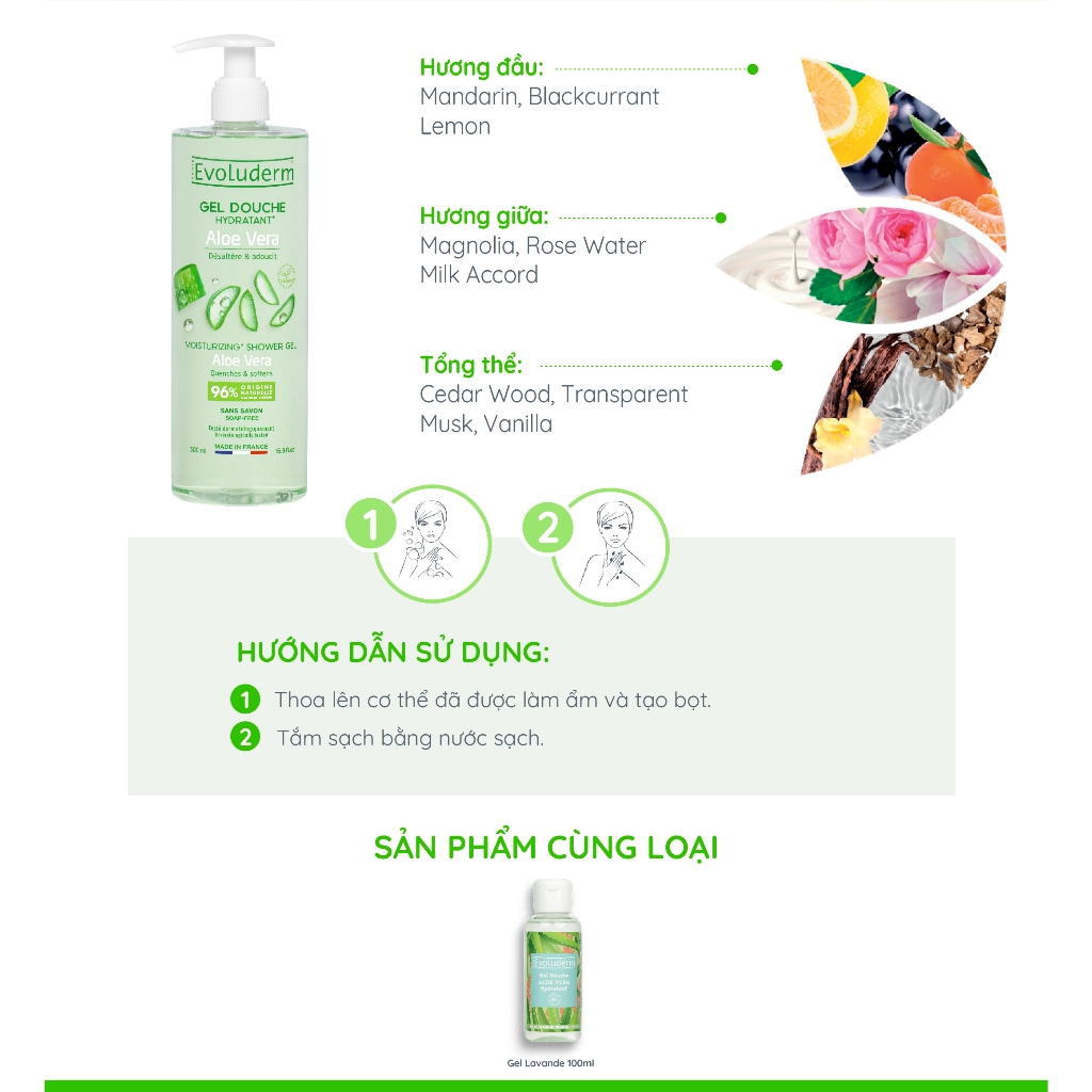 Gel Tắm Dưỡng Da MOISTURIZING* SHOWER GEL ALOE VERA QUENCHES & SOFTENS Evoluderm 500ml