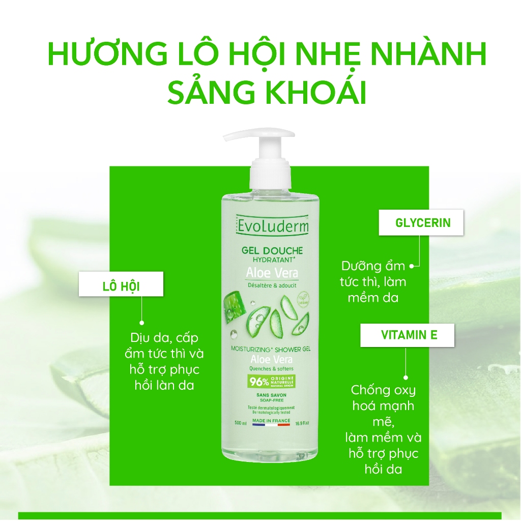 Gel Tắm Dưỡng Da MOISTURIZING* SHOWER GEL ALOE VERA QUENCHES & SOFTENS Evoluderm 500ml