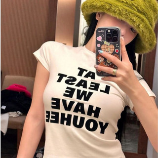 Hàn Quốc YOUHEE ngắn T Flock thư ngắn tay ngọt ngào mát mẻ cô gái mỏng vừa vặn vai ngắn bảng T-shirt đầu nữ sinh vòng cổ