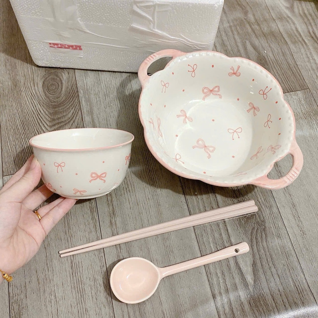 Bộ Bát Đĩa Gốm Sứ, Set Bát Sứ Có Tay Cầm 3 Món Nơ Xinh Xắn Tặng Kèm Đũa Tre  | Shopee Việt Nam