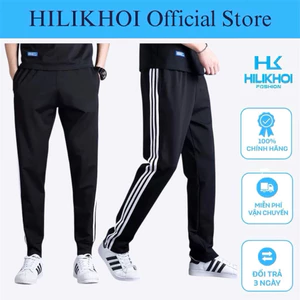 Quần thể dục, quần học sinh 3 viền sọc HILIKHOI cho cả Nam và Nữ, vải poly co giãn 4 chiều, màu đen