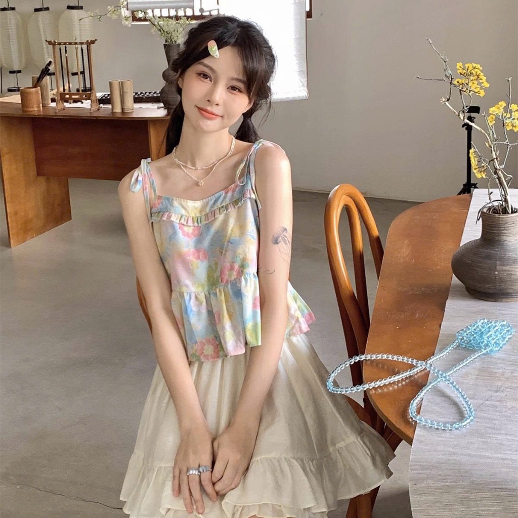 [ Video sp tực tế ]Áo Babydoll Hai Dây Nữ Viền Bèo MCA Hoạ Tiết Hoa Nhí Xinh Xắn A51419