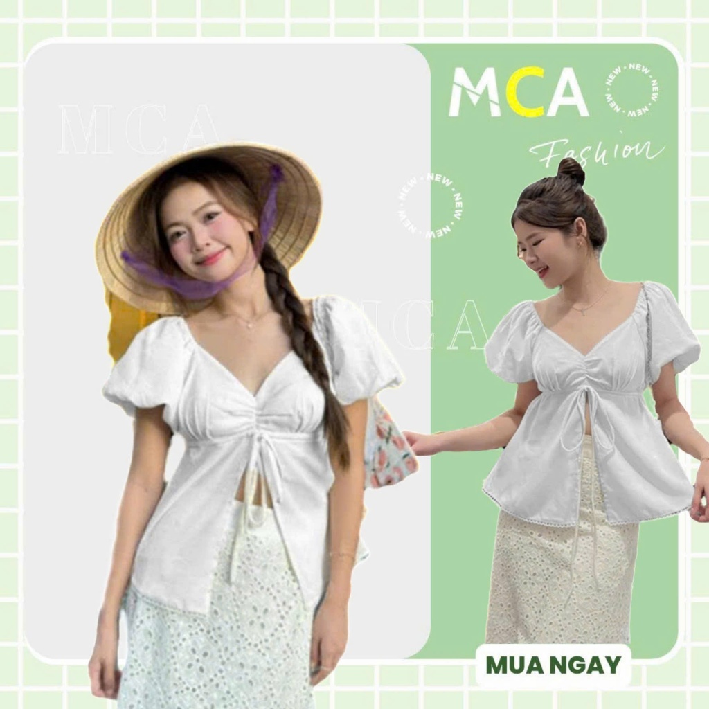 [ Video Sp Thực Tế ] Áo Nữ Trễ Vai Tay Phồng MCA Kiểu Xẻ Tà Phối Viền Ren A51425