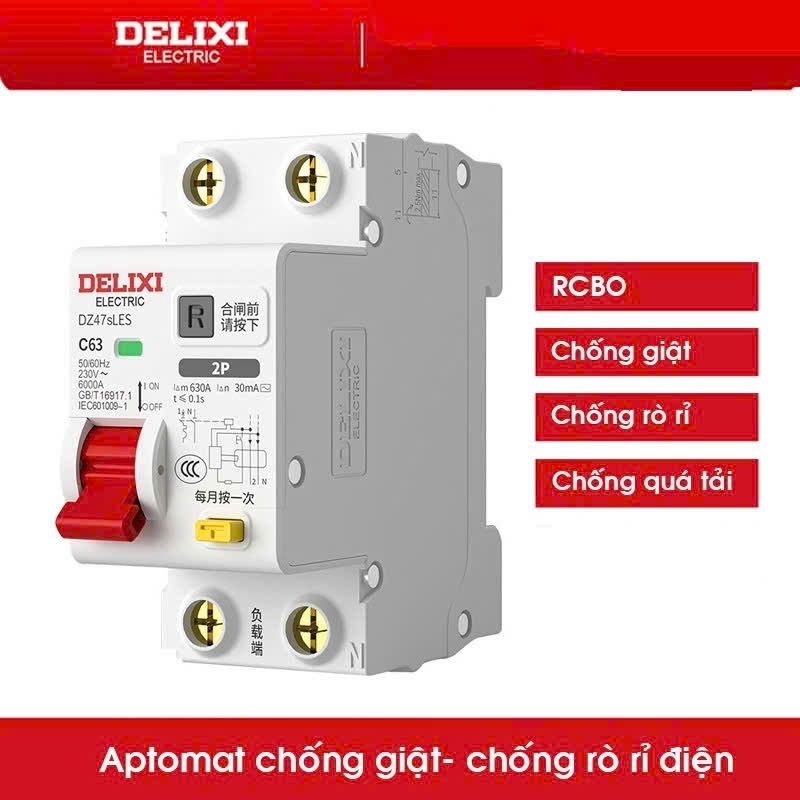CB, Aptomat RCBO chống giật, chống rò, quá tải 1 pha 2P 220V từ 20-63A ...
