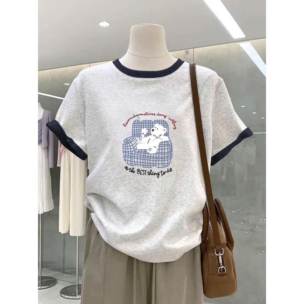 Áo thun nữ bo viền in hình JULY FASHION, Áo thun nữ xám bo viền Chất thun Cotton dày dặn mát mẻ